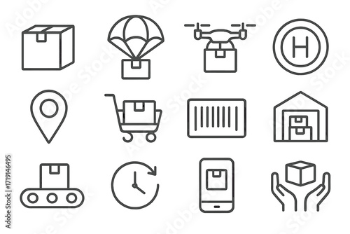 Drone Delivery Icons. Outline icon set of drone delivery: package, parachute drop, drone box, landing pad, GPS