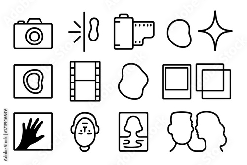 Experimental Photography Icons. Outline icon set of experimental photography: camera silhouette, light leak,