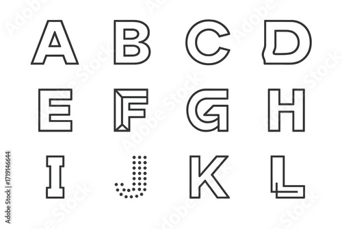 Experimental Typography Icons. Outline icon set of experimental typography: bold letter A, fragmented B,