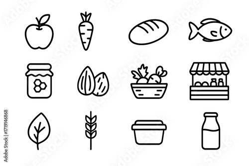 Sustainable Food Icons. Outline icon set of sustainable food: apple, carrot, bread loaf, fish, honey jar, nuts