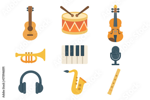 World Music Icons Grid. Flat icon set of world music: guitar, drum, violin, trumpet, piano keys, microphone,