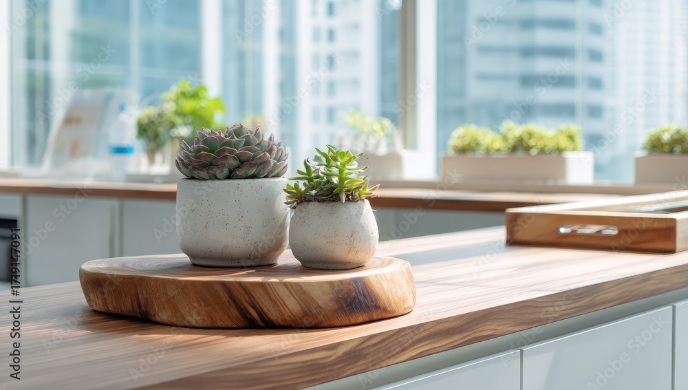 Fototapeta premium Succulents in small pots on a wooden board, modern kitchen