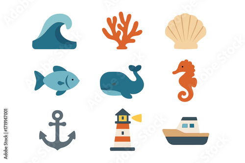 Ocean Icons Set. Flat icon set of world oceans: wave, coral, shell, fish, whale, seahorse, anchor, lighthouse,