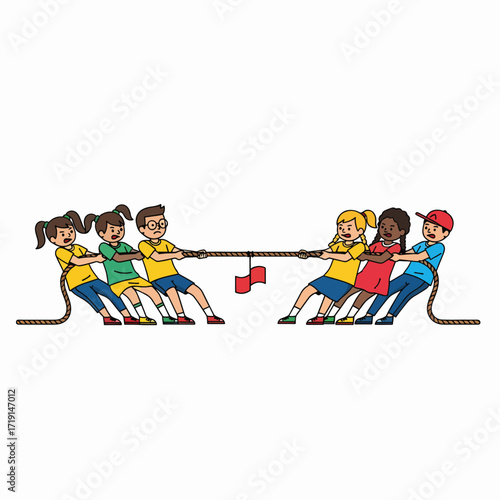 Children Enjoying a Fun Tug of War Game on a White Background