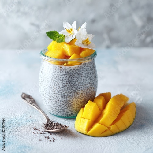 Wallpaper Mural Glass jar of chia seed pudding topped with mango chunks and white flowers Torontodigital.ca