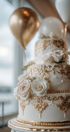 Wallpaper Mural Elegant tiered wedding cake adorned with delicate gold accents and blush roses Torontodigital.ca