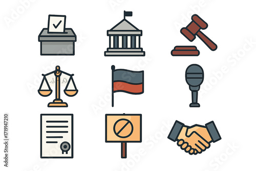 World Politics Icons. Flat icon set of world politics: ballot box, parliament, gavel, scale of justice, flag,