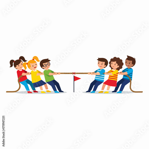 Children Playing Tug of War Game Competition Outdoors Fun Activity