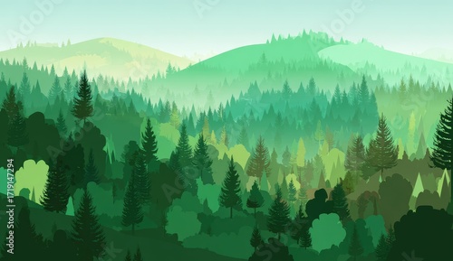 Wallpaper Mural Lush green forest landscape with rolling hills, soft gradients of color, creating a serene and peaceful vista Torontodigital.ca