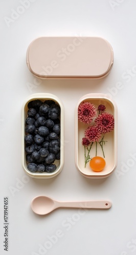 Wallpaper Mural Pastel-colored bento box with blueberries and flowers Torontodigital.ca