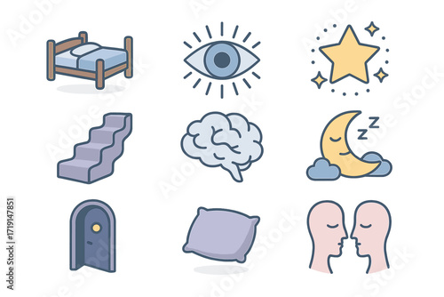 Surreal Dream Icons. Flat icon set of dream abstraction: floating bed, abstract eye, star halo, wavy staircase