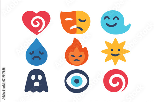 Abstract Emotion Icons. Flat icon set of abstract emotions: heart spiral, broken mask, happy wave, sadness