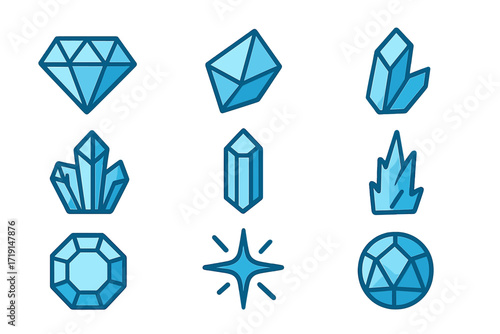 Crystalline Icon Collection. Flat icon set of crystalline abstraction: diamond, prism, shard, crystal cluster,