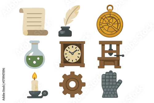 Medieval Inventors Icons. Flat icon set of medieval inventors: parchment, ink quill, astrolabe, alchemy flask,