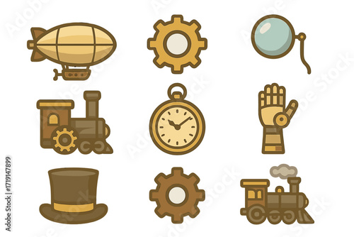Steampunk Icon Set. Flat icon set of steampunk empire: airship, gear, monocle, steam engine, pocket watch,