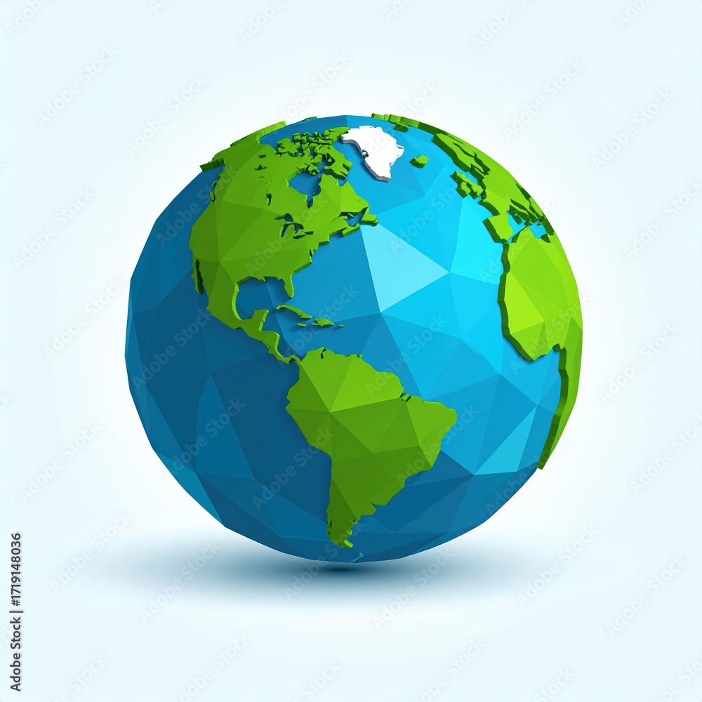 Naklejka premium A low-poly, geometric representation of planet Earth, showcasing continents and oceans.