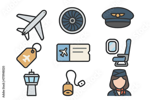 Air Travel Icons. Flat icon set of air travel: airplane, jet engine, pilot hat, boarding pass, luggage tag,