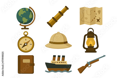 Victorian Explorer Icons. Flat icon set of Victorian explorers: globe, telescope, map, compass, safari hat,
