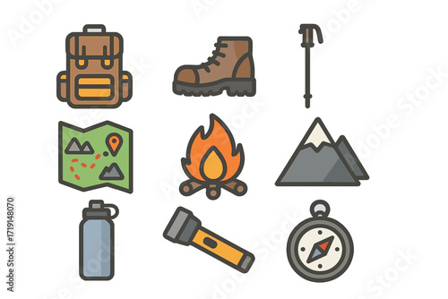 Hiking Essentials Icons. Flat icon set of hiking: backpack, hiking boots, walking stick, trail map, campfire,