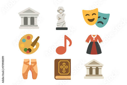 Cultural Travel Icons. Flat icon set of cultural travel: museum, statue, theater mask, art palette, musical