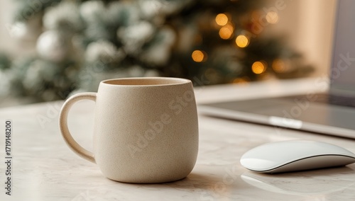Wallpaper Mural Beige mug on marble surface near laptop and mouse, Christmas tree bokeh in background Torontodigital.ca