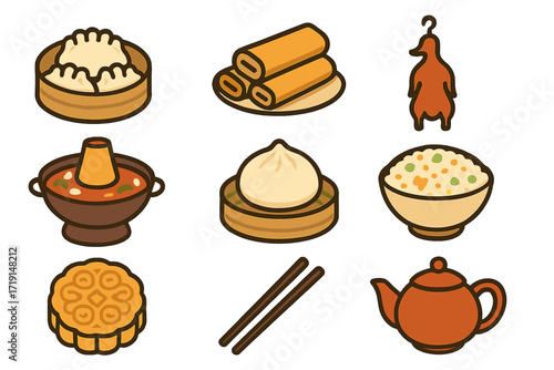 Chinese Cuisine Icons. Flat icon set of Chinese cuisine: dumplings, spring rolls, Peking duck, hot pot, bao