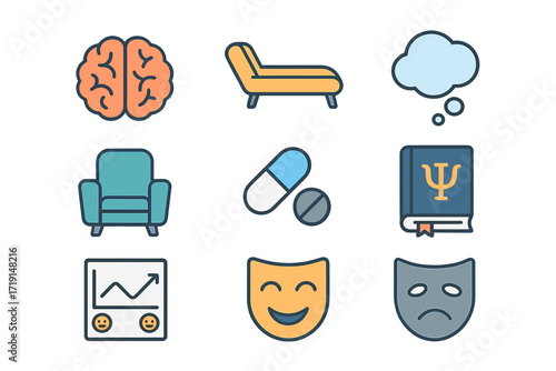 Psychiatry Icons Grid. Flat icon set of psychiatry: brain, couch, thought bubble, therapy chair, pills,