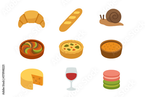 French Cuisine Icons. Flat icon set of French cuisine: croissant, baguette, escargot, ratatouille, quiche,