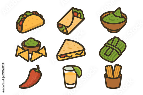 Mexican Cuisine Icons. Flat icon set of Mexican cuisine: taco, burrito, guacamole, nachos, quesadilla, tamale,