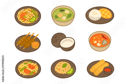 Thai Cuisine Icon Set. Flat icon set of Thai cuisine: pad thai, green curry, mango sticky rice, tom yum soup,