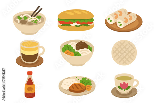 Vietnamese Cuisine Icons. Flat icon set of Vietnamese cuisine: pho bowl, banh mi, spring rolls, egg coffee,