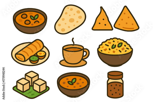 Indian Cuisine Icons. Flat icon set of Indian cuisine: curry bowl, naan bread, samosa, dosa, masala chai,