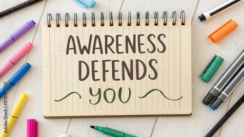 Awareness Defends You Concept with Stationery and Colorful Markers