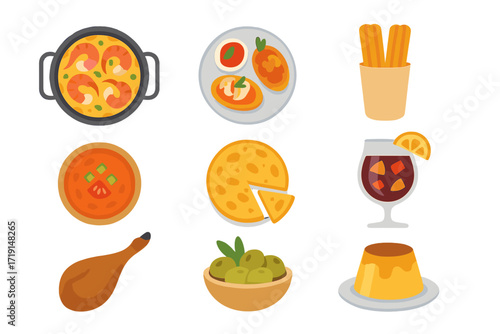 Spanish Cuisine Icons. Flat icon set of Spanish cuisine: paella pan, tapas plate, churros, gazpacho bowl,