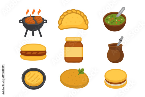 Argentinian Cuisine Icons. Flat icon set of Moroccan cuisine: couscous dish, tagine pot, mint tea, harira soup