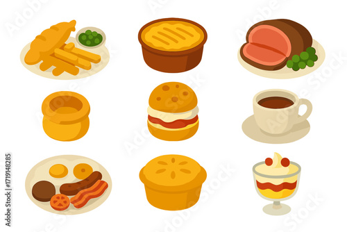 British Cuisine Icons. Flat icon set of British cuisine: fish and chips, shepherd’s pie, roast beef, Yorkshire