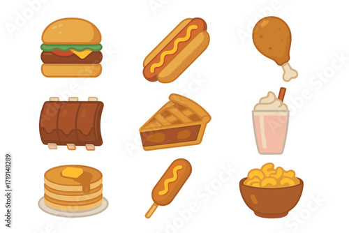 American Cuisine Icons. Flat icon set of American cuisine: hamburger, hot dog, fried chicken, BBQ ribs, apple
