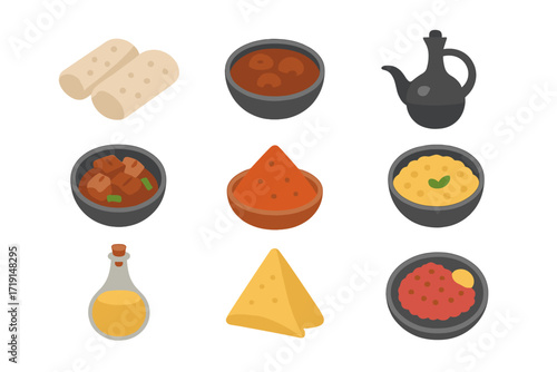 Ethiopian Cuisine Icons. Flat icon set of Ethiopian cuisine: injera bread, wat stew, coffee pot, tibs meat,