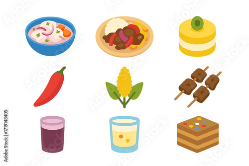 Peruvian Cuisine Icons. Flat icon set of Peruvian cuisine: ceviche bowl, lomo saltado, causa dish, aji pepper,