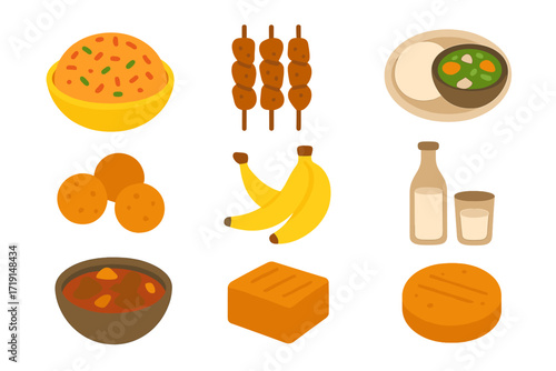 African Cuisine Icons. Flat icon set of African West cuisine: jollof rice, suya skewers, fufu, egusi soup,
