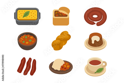 South African Cuisine Icons. Flat icon set of South African cuisine: bobotie, bunny chow, boerewors, chakalaka