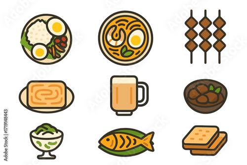 Malaysian Cuisine Icons. Flat icon set of Malaysian cuisine: nasi lemak, laksa bowl, satay skewers, roti canai