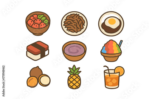 Hawaiian Food Icons. Flat icon set of Hawaiian cuisine: poke bowl, kalua pig, loco moco, spam musubi, poi dish