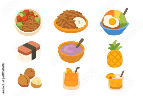 Hawaiian Cuisine Icons. Flat icon set of Hawaiian cuisine: poke bowl, kalua pig, loco moco, spam musubi, poi