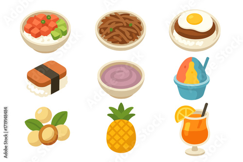 Hawaiian Cuisine Icons. Flat icon set of Hawaiian cuisine: poke bowl, kalua pig, loco moco, spam musubi, poi