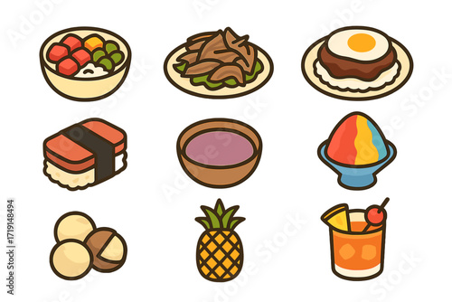 Hawaiian Cuisine Icons. Flat icon set of Hawaiian cuisine: poke bowl, kalua pig, loco moco, spam musubi, poi