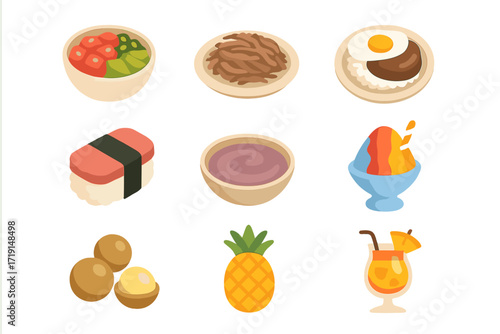 Hawaiian Cuisine Icons. Flat icon set of Hawaiian cuisine: poke bowl, kalua pig, loco moco, spam musubi, poi