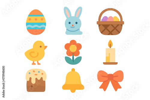 Easter Icon Grid. Flat icon set of Easter celebrations: Easter egg, bunny, basket, chick, flower, candle, cake
