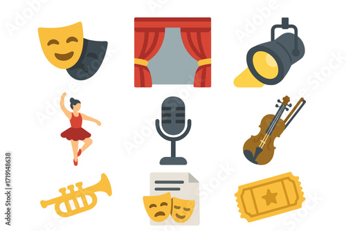 Art Performance Icons. Flat icon set of art performances: theater mask, stage curtain, spotlight, dancer,