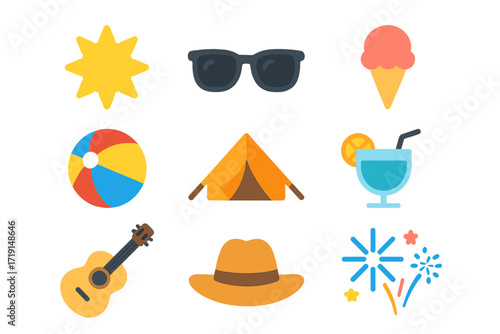Summer Festival Icons. Flat icon set of summer festivals: sun, sunglasses, ice cream, beach ball, tent,